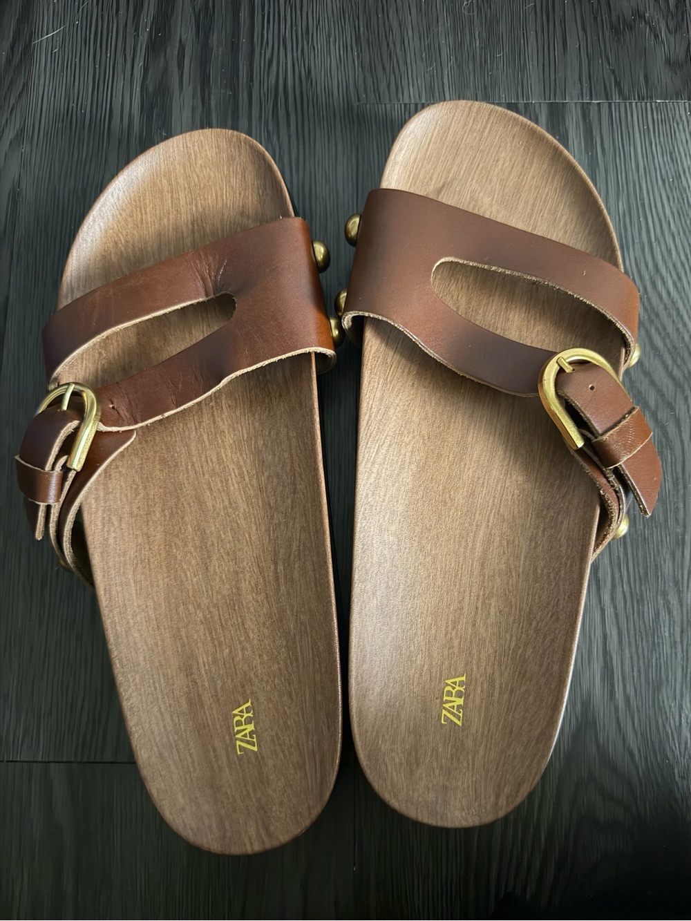 New! Zara Brown Double-Band Slide Sandals with Gold Buckles - Picture 3 of 3